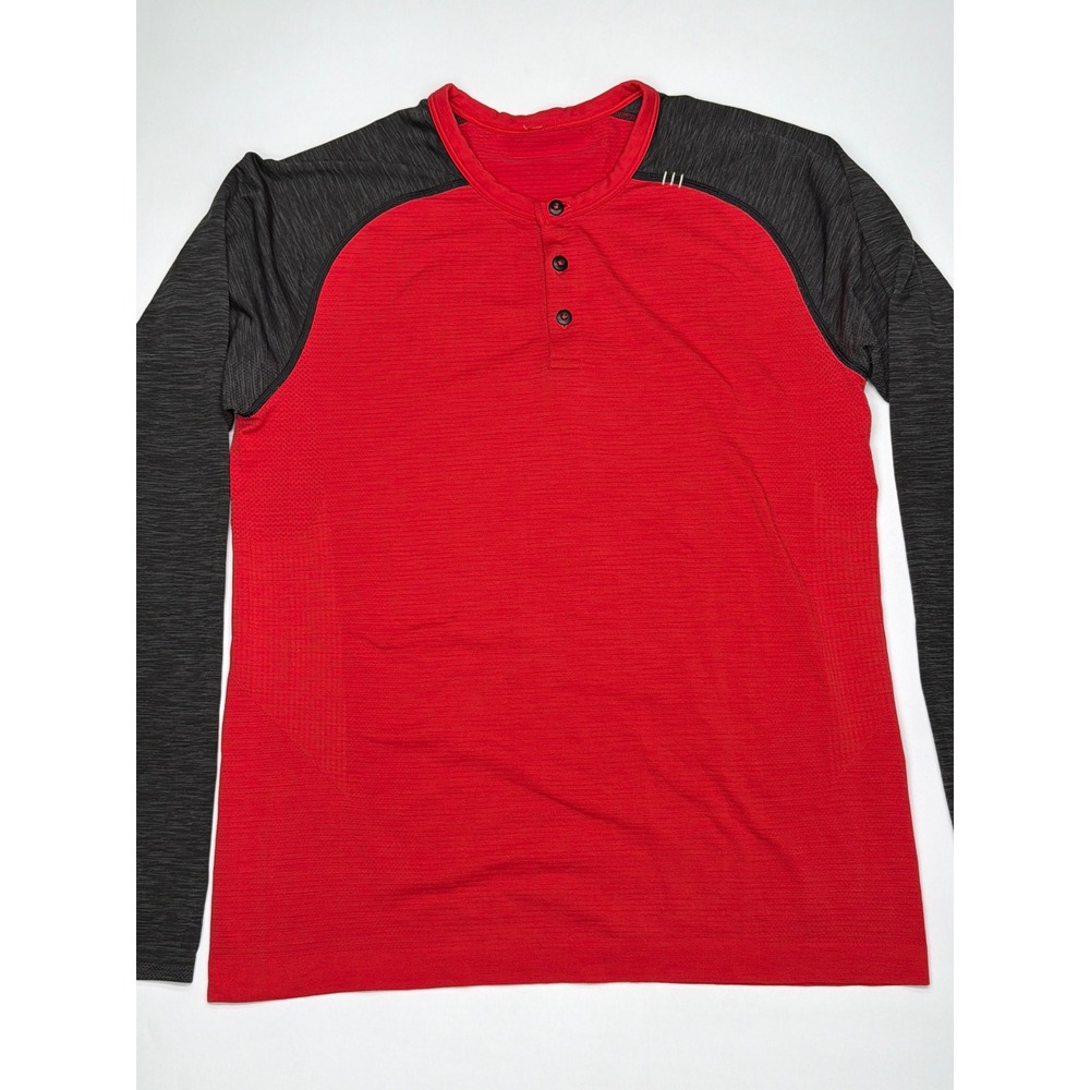 Lululemon Athletic‎ Henley Long Sleeve Shirt Red Charcoal Heather Mens Medium